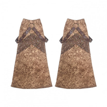 Wasteland Punk Denim and Mesh Patchwork Leg Sleeves with Straps and Chains