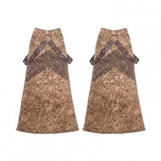 Wasteland Punk Denim and Mesh Patchwork Leg Sleeves with Straps and Chains