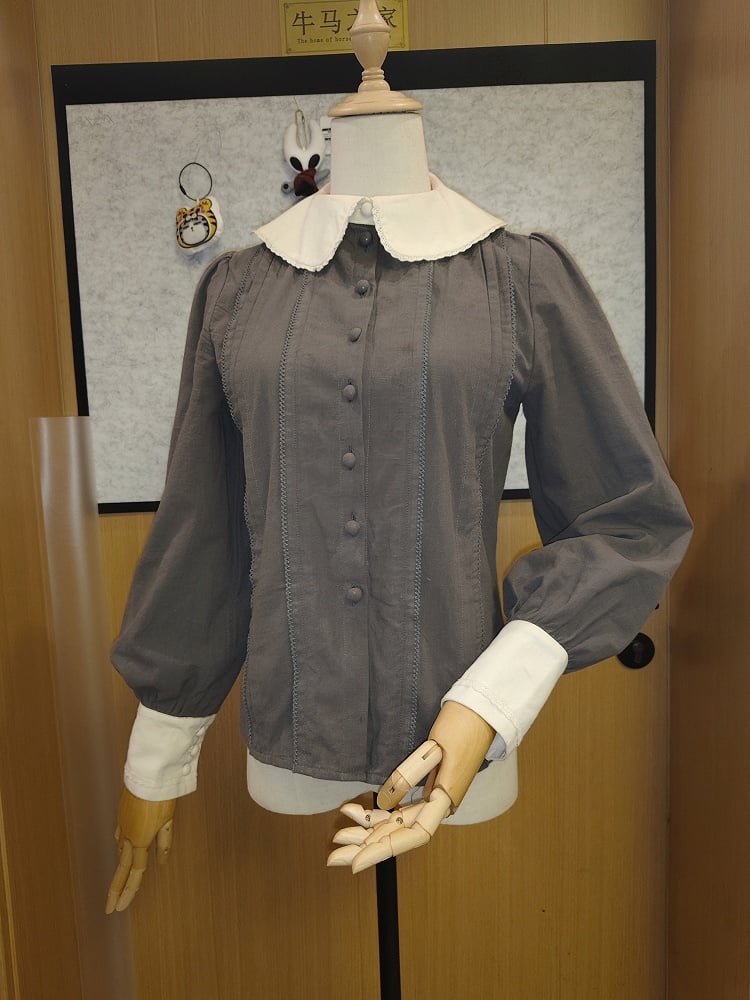 Dark Gray Long Sleeves Shirt with Beige Collar and Cuffs
