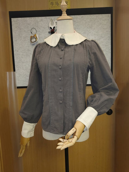 Dark Gray Long Sleeves Shirt with Beige Collar and Cuffs