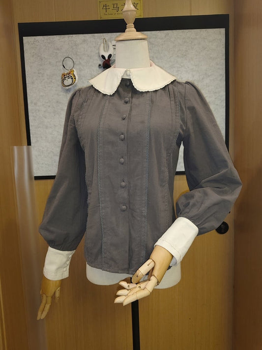 Dark Gray Long Sleeves Shirt with Beige Collar and Cuffs