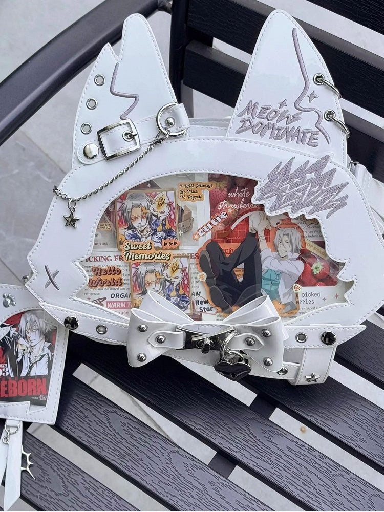 Kitty Ear Design Bowknot Studs Detail White PU Tote Ita Bag with Free Card Holder