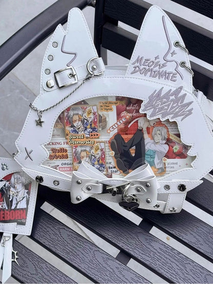 Kitty Ear Design Bowknot Studs Detail White PU Tote Ita Bag with Free Card Holder