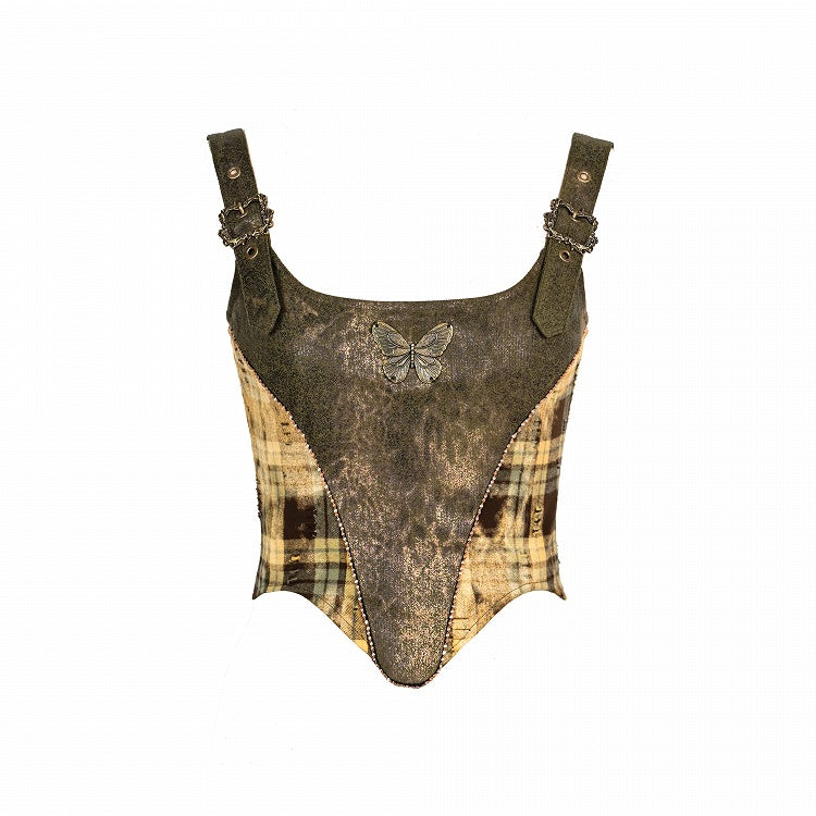 Green Plaid Buckle Straps Metal Butterfly Top