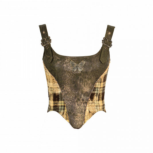 Green Plaid Buckle Straps Metal Butterfly Top