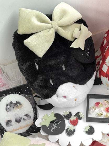 Red / Pink / Black Plush Strawberry Backpack, Convertible Crossbody Bag with Adjustable Strap