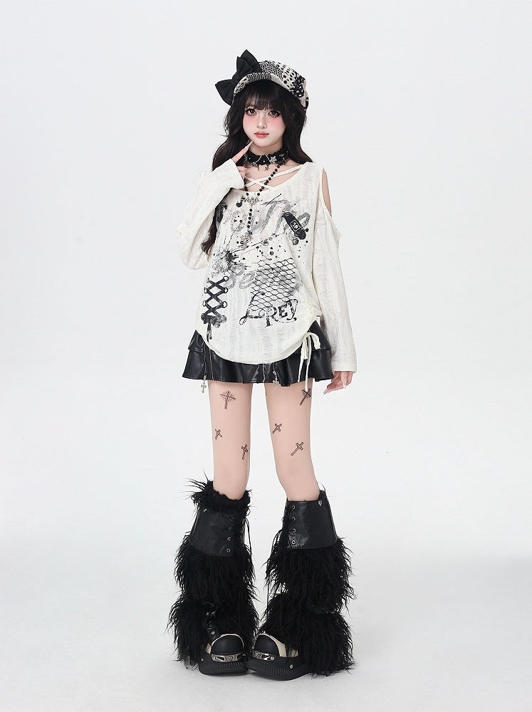 Criss-cross Design Neckline Cutout Shoulder Splash Ink Print Distressed Holes Apricot Top