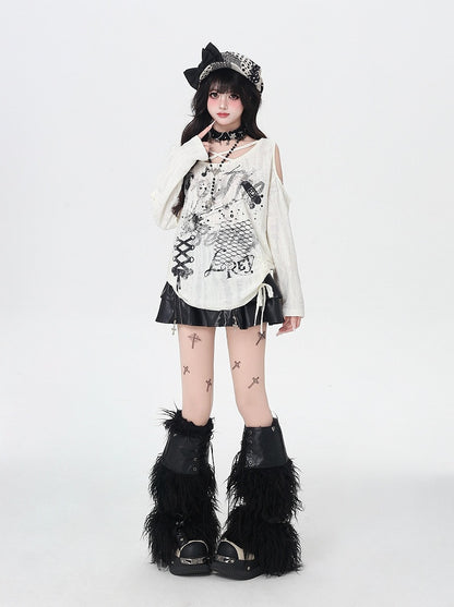 Criss-cross Design Neckline Cutout Shoulder Splash Ink Print Distressed Holes Apricot Top