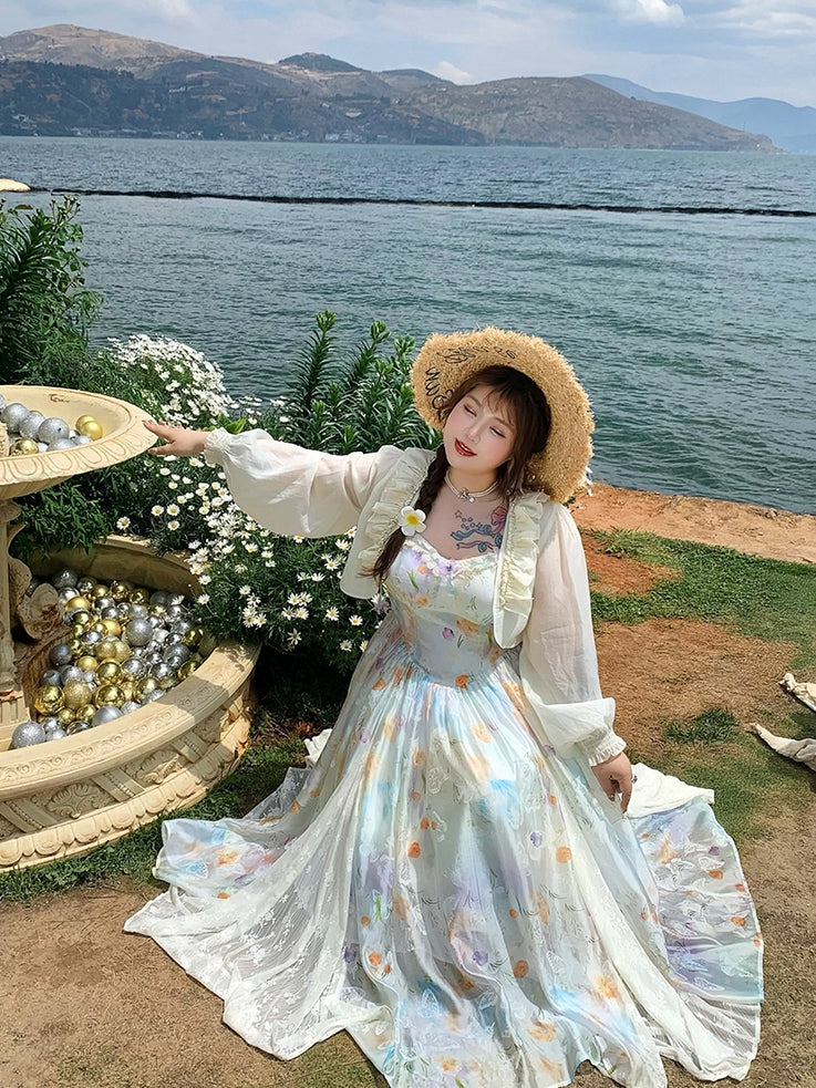 Plus Size Lace Patches Hem Oil Painting Print White Holiday Cami Dress