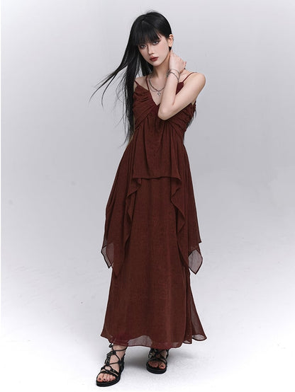 Dark Red Elastic Waist Ankle Length Skirt