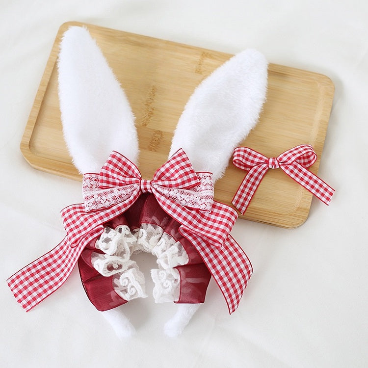 4 Colors Cute Lolita Gingham Bowknot Bunny Ear KC with Detachable Small Bowknots