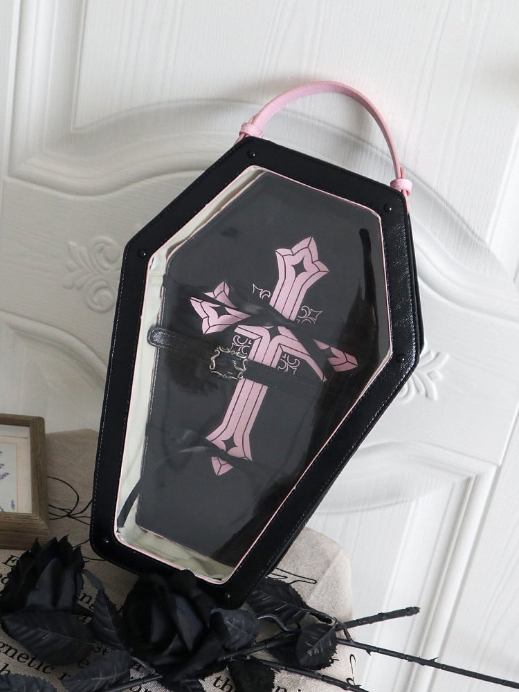 Black&Pink Cross Decorated Coffin-Shaped 1/6 Scale BJD Doll Bag with Two Straps