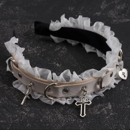 White Gothic Cross Stud Ring Buckle PU Ruffled KC