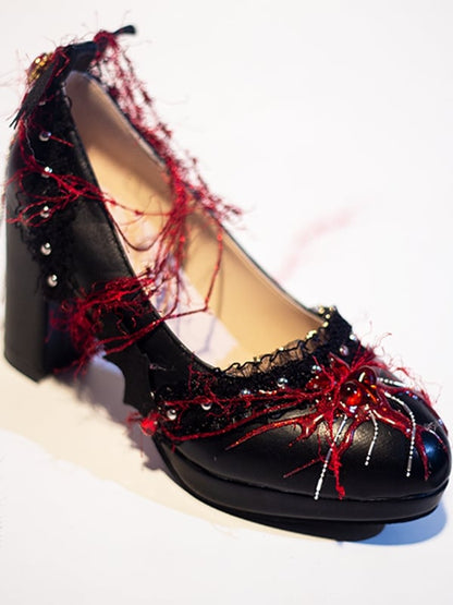 Blue&Red Gothic Lolita Heart Decorated Spider Design Beaded Charm 5CM/8.5CM Block Heels Shoes