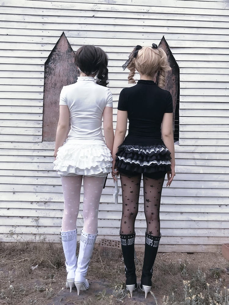 Gothic Black/White Mock Neck Coffin-Shaped Cutout T-Shirt