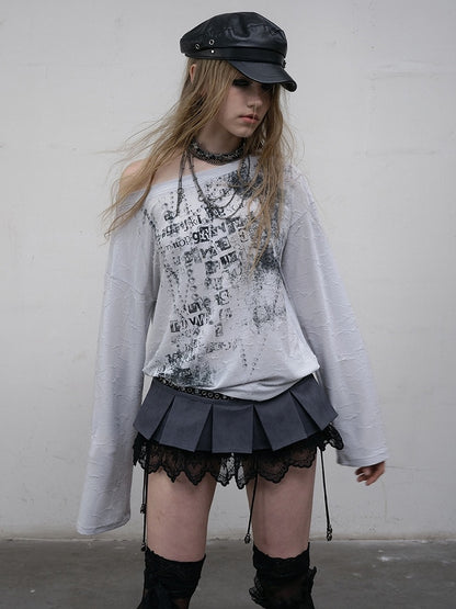 Blue/Beige Wasteland Punk Letter Print Asymmetrical Neckline Long Sleeves Top