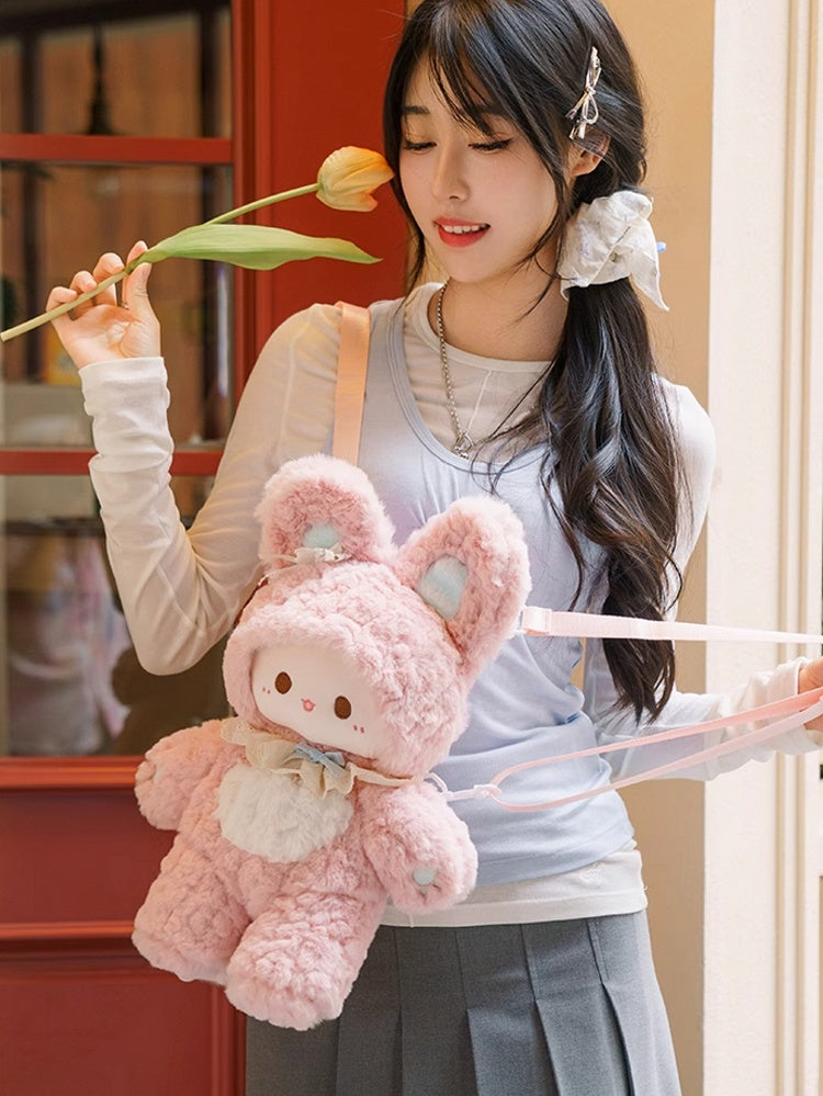 Pink Bowknot Decorated 43cm Plush Rabbit Backpack Detachable Shoulder Straps