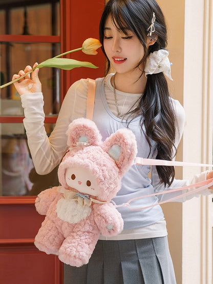 Pink Bowknot Decorated 43cm Plush Rabbit Backpack Detachable Shoulder Straps