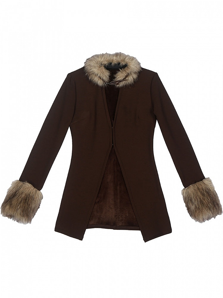 Buckle Strap Dark Coffee Wasteland Punk Top with Plush Collar and Cuffs