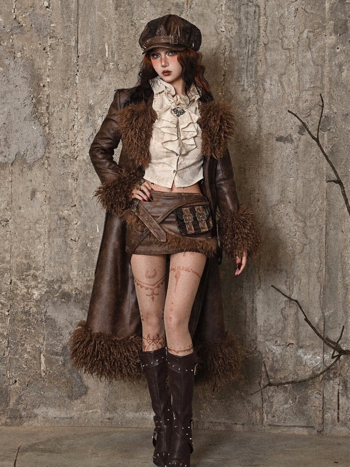 Brown Vintage Mailard Winter Padded Coat PU Leather Fabric