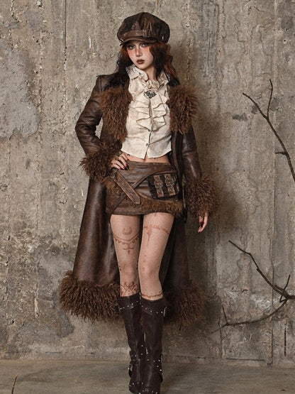 Brown Vintage Mailard Winter Padded Coat PU Leather Fabric