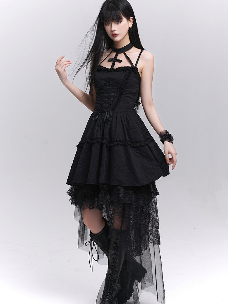 Gothic Black Lace-up Front Basque Waist Cross Halter Dress