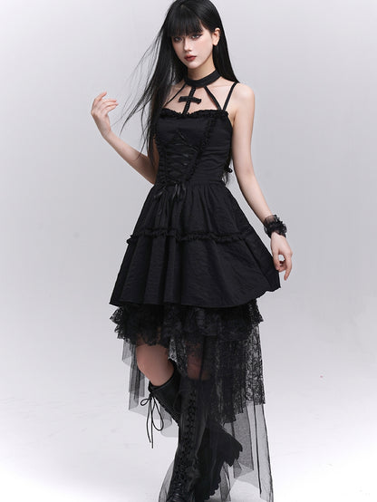Gothic Black Lace-up Front Basque Waist Cross Halter Dress