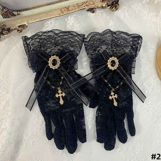 5 Colors Cross Chain Gothic Elegant Bowknot Lace Gloves