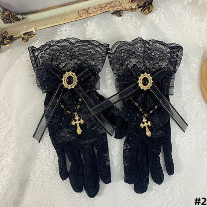 5 Colors Cross Chain Gothic Elegant Bowknot Lace Gloves