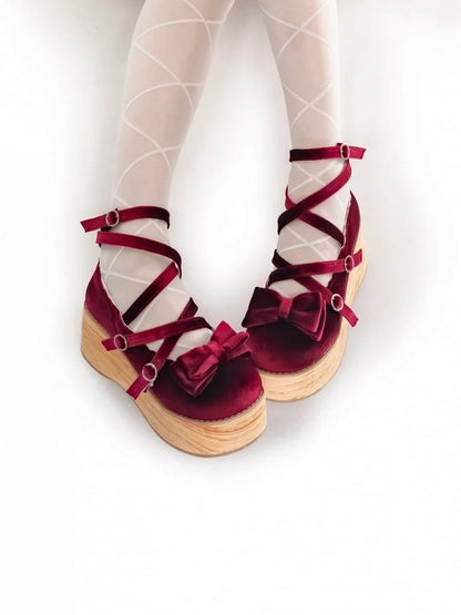Velvet Wine Red Sweet Lolita Platform Mary Janes - Bow Accents & Crisscross Straps