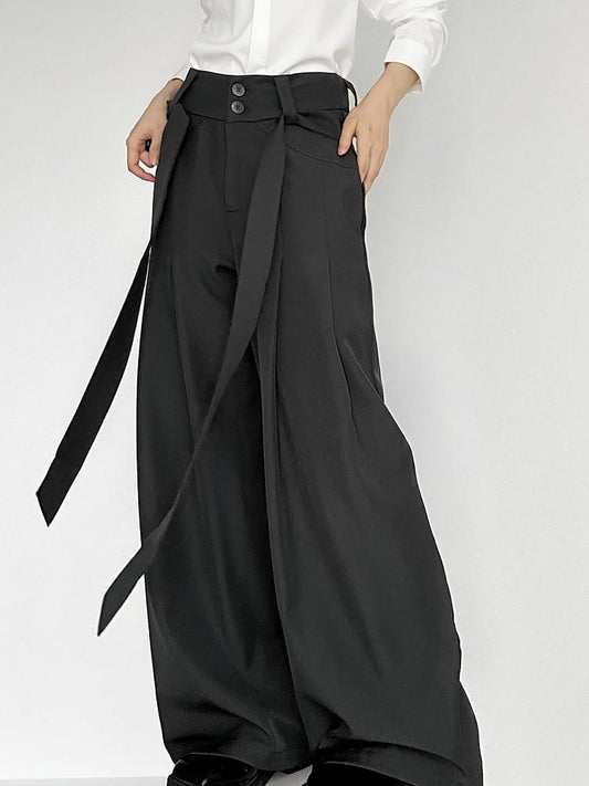 Ouji Lolita Dark Green Wide-Leg Pants with Two-Button Fly & Side Ribbons