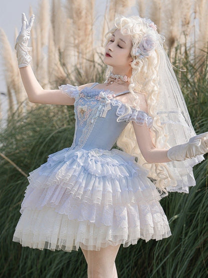 Blue Princess Lolita Corset Dress Floral Embroidery Jumper Skirt