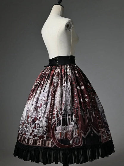 Red Corset Belt Waist Chess Theme Print Lolita Skirt