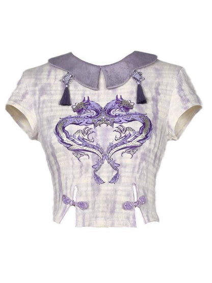 Summer Purple Dragon Print Tie Dye Knitted Cropped Top