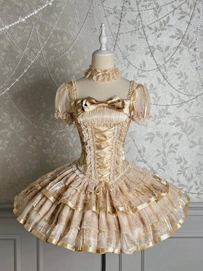 Bunny and Kitty Print Champagne Short Puff Sleeves Lolita Corset Dress