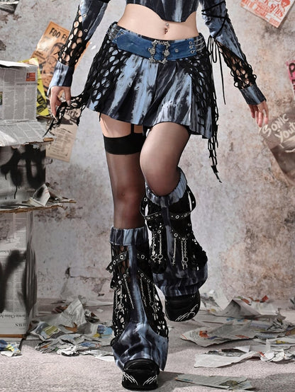 Grunge Punk Rock Mesh Patchwork Blue and Black Tie Dye Leg Warmers PU Straps with Chains Design