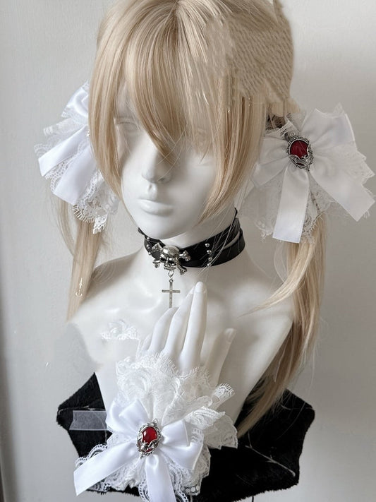 Jirai Kei White Bowknot Bat Accent White Lace Hairclips