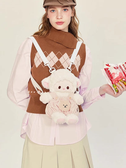 White&Pink Cute Plush Lamb Backpack + Overall Pants Middle/Large Size