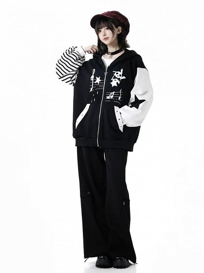 Black Drawstring Straight-Leg Pants with Star Stripe Applique Design