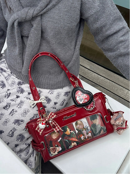 Red Versatile Transparent-Window PU Leather Ita Bag