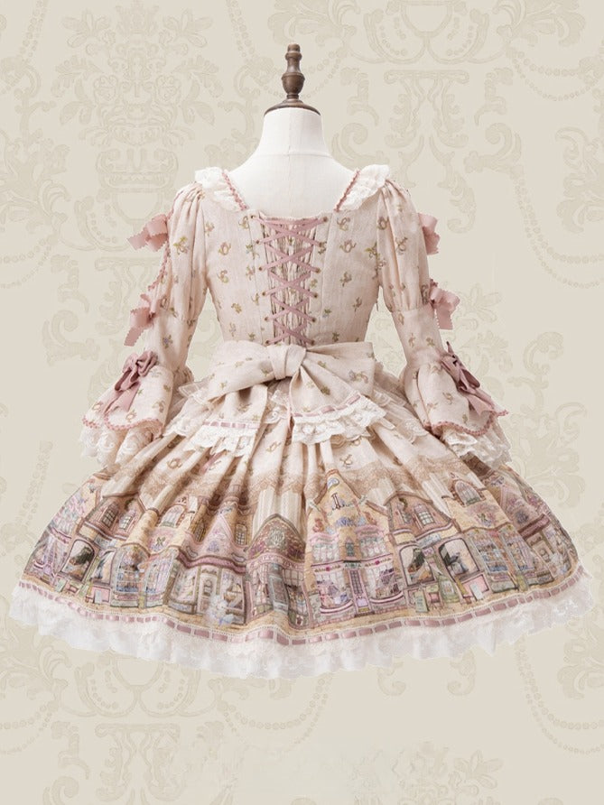 Fairytale Town Theme Cream-colored Square Neckline Sweet Lolita Dress with Bow Accents