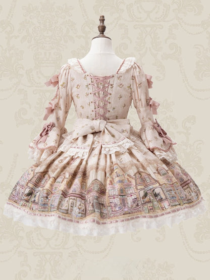 Fairytale Town Theme Cream-colored Square Neckline Sweet Lolita Dress with Bow Accents