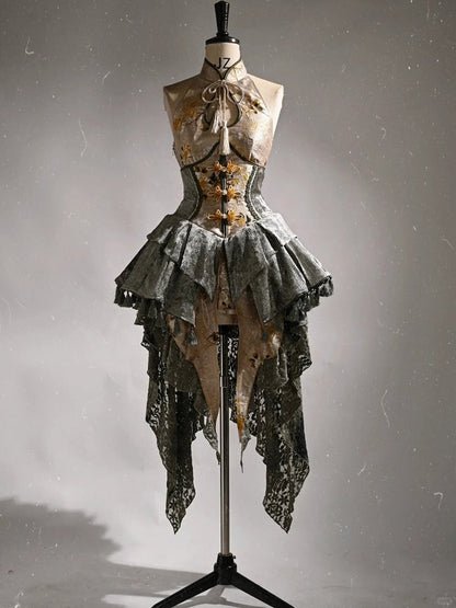 Chinoiserie Knot Buttons Boned Corset Tassels Hemline