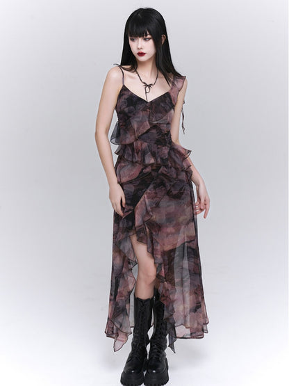 Purple/Dark Gray Butterfly Tie Dye Asymmetrical Flounce Hem Slip Dress