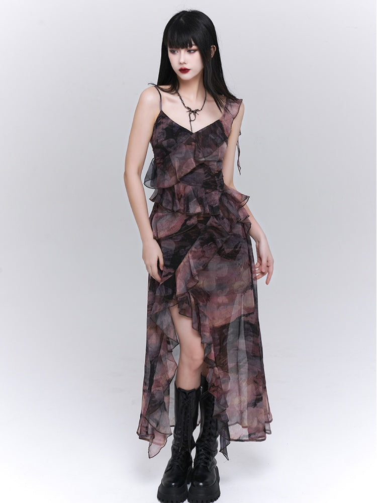 Purple/Dark Gray Butterfly Tie Dye Asymmetrical Flounce Hem Slip Dress