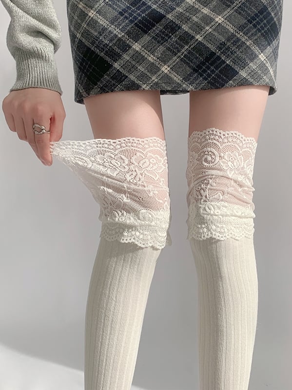 White/Black/Dark Gray/Beige/Light Gray Lace Trim Knitted Over-knee Stockings