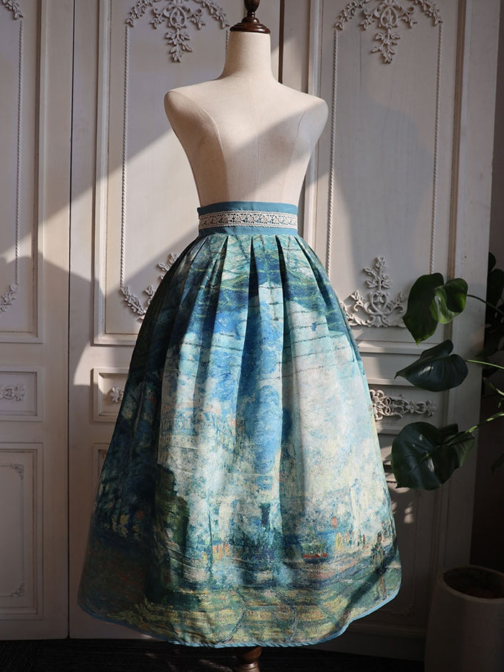 Gare Saint-Lazare Oil Painting Print Green High Waist Skirt Long/Short Version