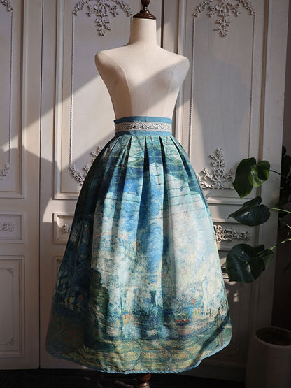 Gare Saint-Lazare Oil Painting Print Green High Waist Skirt Long/Short Version