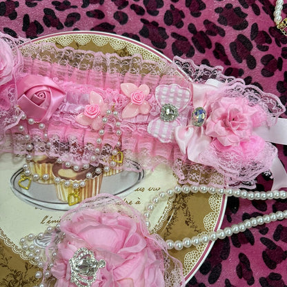 Pink Beaded And Heart Charm Floral Design Ruffled Hairband