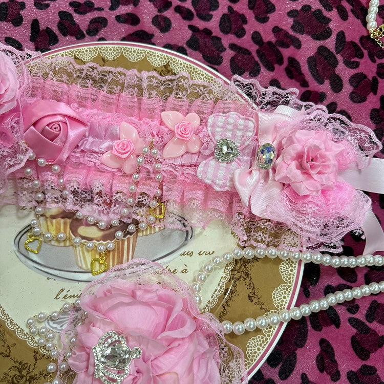 Pink Beaded And Heart Charm Floral Design Ruffled Hairband